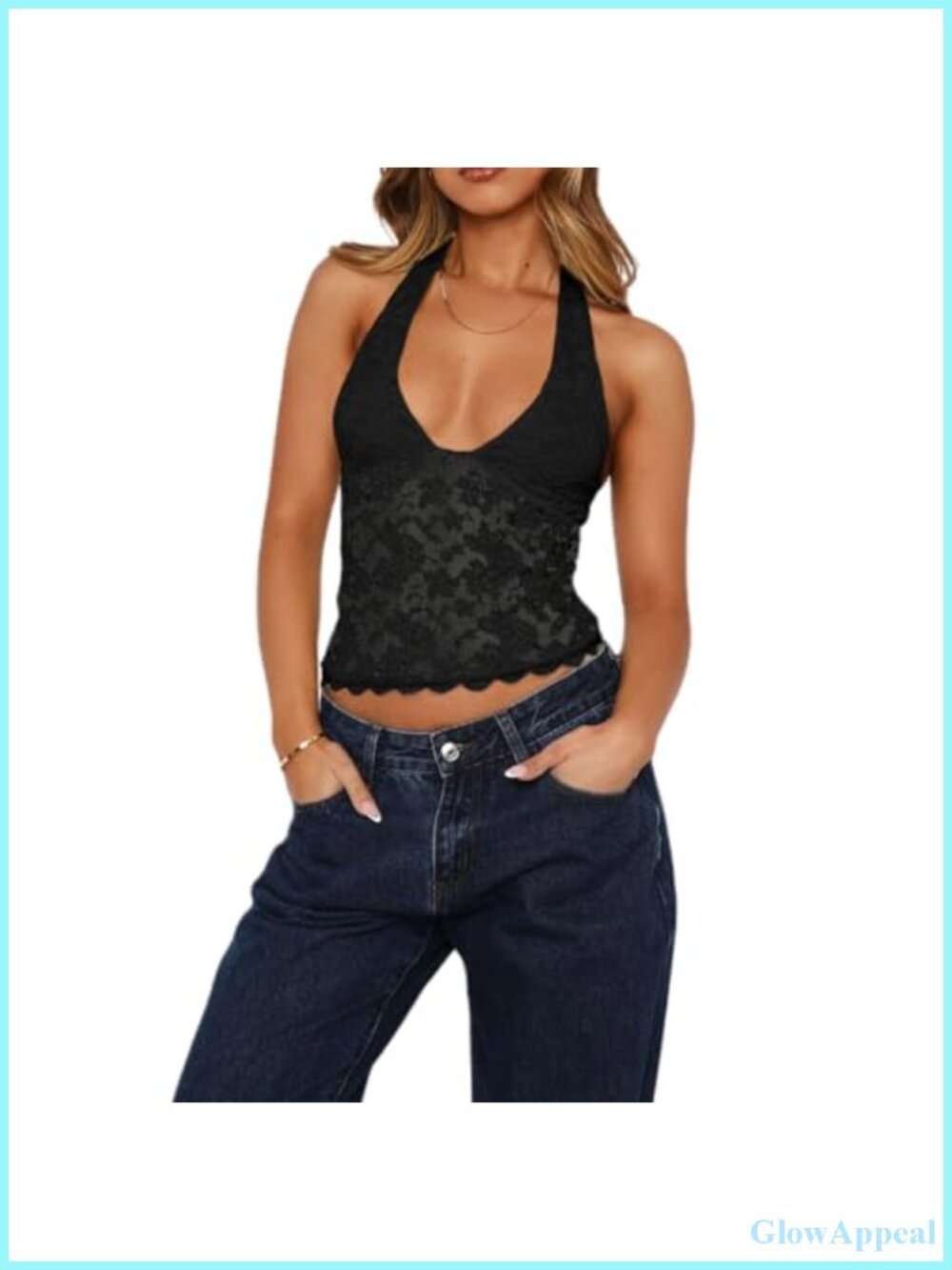 Sheer Lace Halter Top Sleeveless Low Plunge Backless Women's Summer